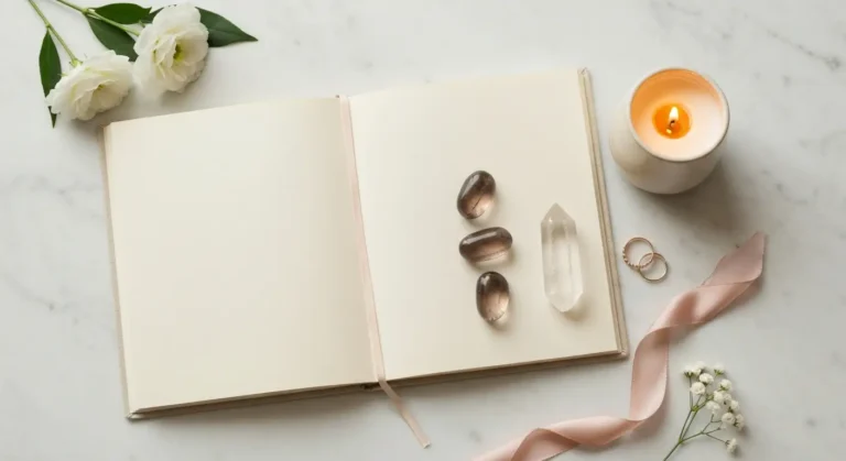 Kryształy, obrączki, świeca i notes symbolizujące stabilność oraz refleksję w związku
