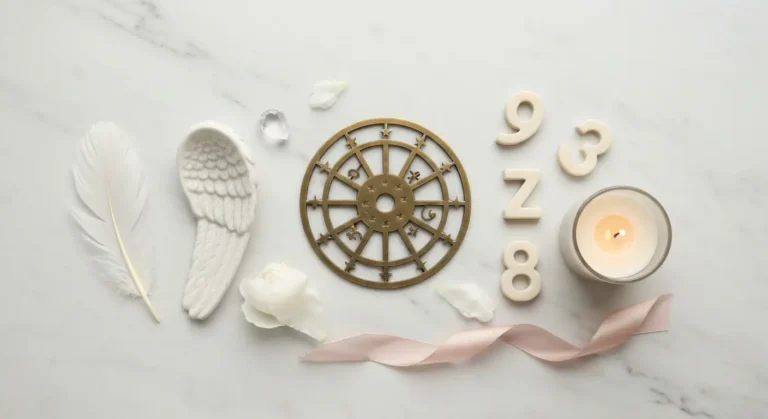Marmurowy flat lay z piórem, symbolem zodiaku, kryształami i świecą