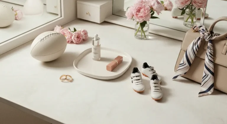 Elegancki flat lay z piłką, obrączkami, trzema dziecięcymi butami i kosmetykami
