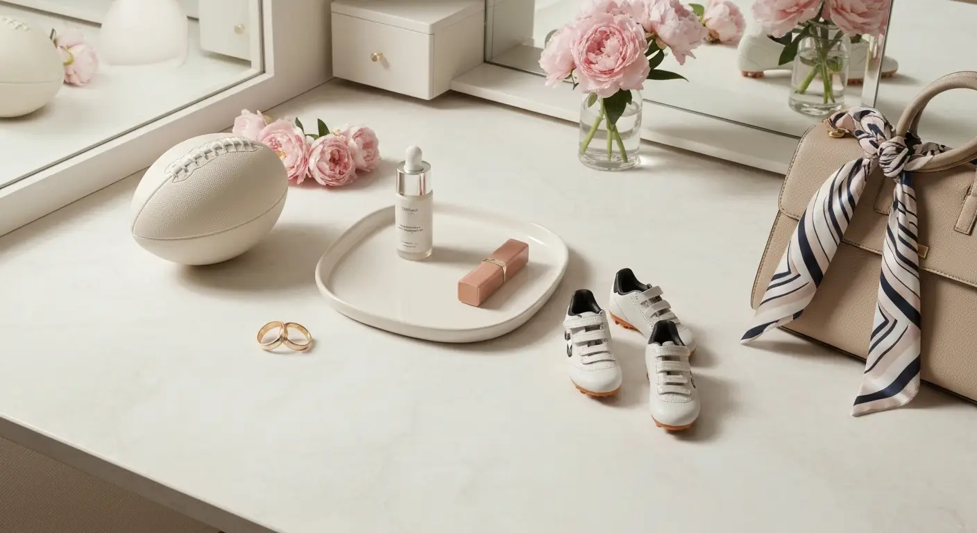 Elegancki flat lay z piłką, obrączkami, trzema dziecięcymi butami i kosmetykami