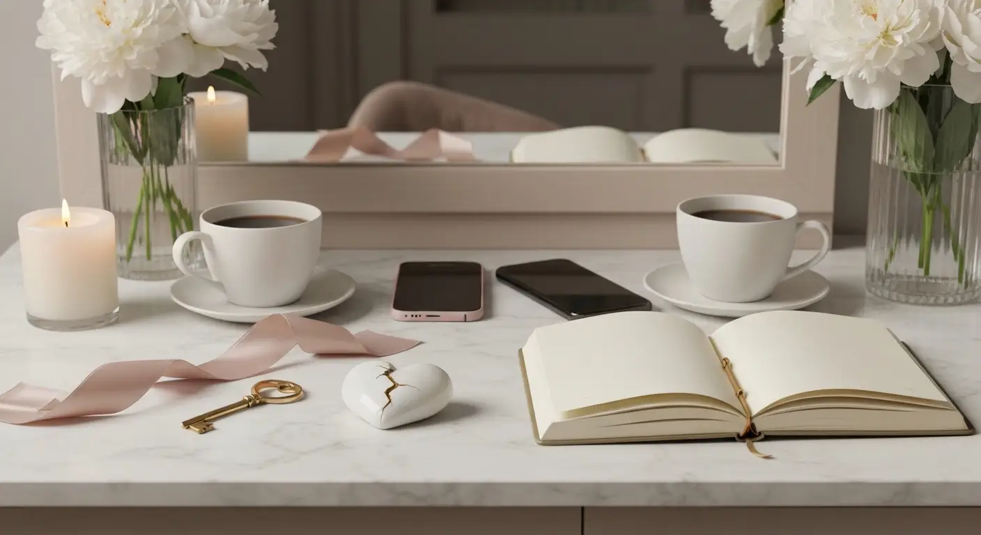 Dwie filiżanki, telefon i naprawione złotem porcelanowe serce na marmurowym stoliku