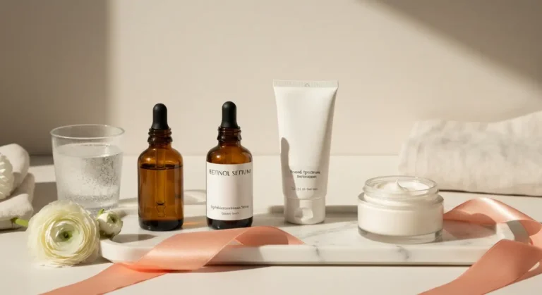 Serum z retinolem, krem nawilżający i filtr SPF na marmurowej toaletce