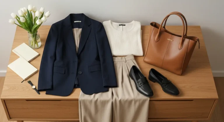 Business casual damski - marynarka, spodnie w kant, dzianinowy top i loafersy na drewnianym stoliku