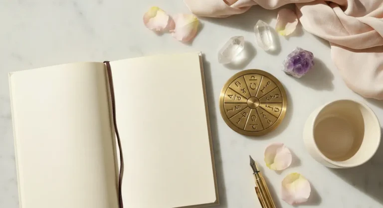 Notes, kryształy i mosiężne koło symbolizujące numerologię imienia