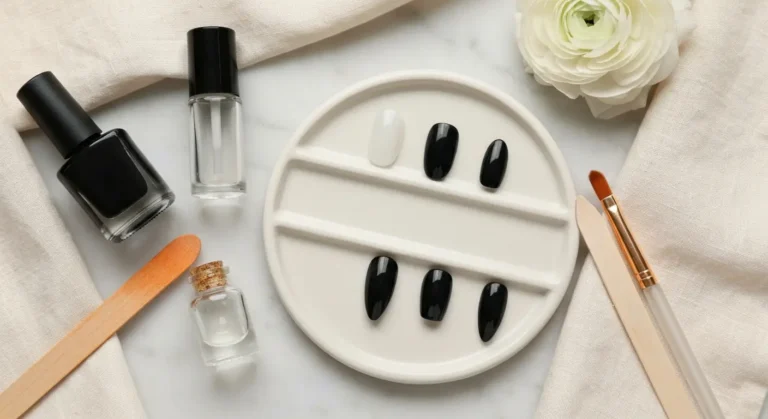 Elegancki czarny manicure z połyskiem, micro frenchem i olejkiem do skórek na marmurowej tacy