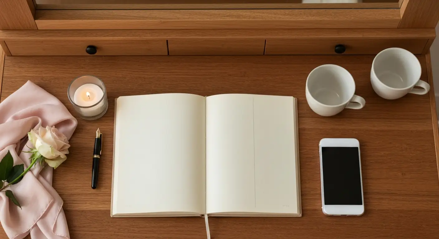 Notes z pytaniami, dwa kubki kawy i telefon odłożony ekranem do dołu po rozstaniu