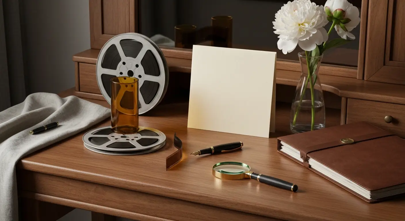 Taśma filmowa, teczka archiwalna i program teatralny na drewnianym stoliku