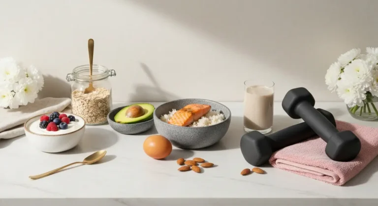 Produkty białkowe, ryż, smoothie i hantle na marmurowym blacie