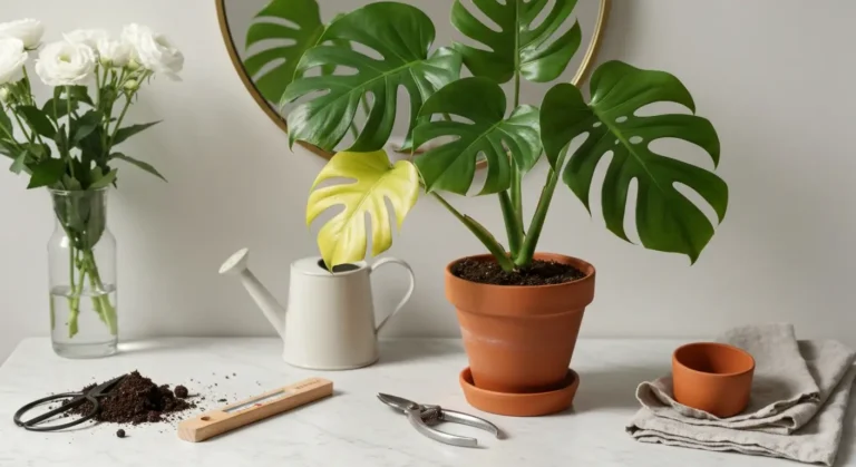 Monstera z żółknącym dolnym liściem, konewką i narzędziami do pielęgnacji na marmurowym blacie
