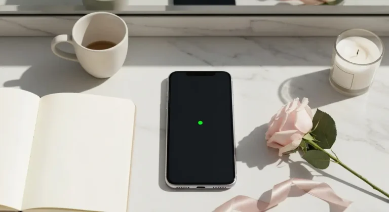 Telefon z zieloną kropką online na marmurowej toaletce obok kawy, notatnika i róży