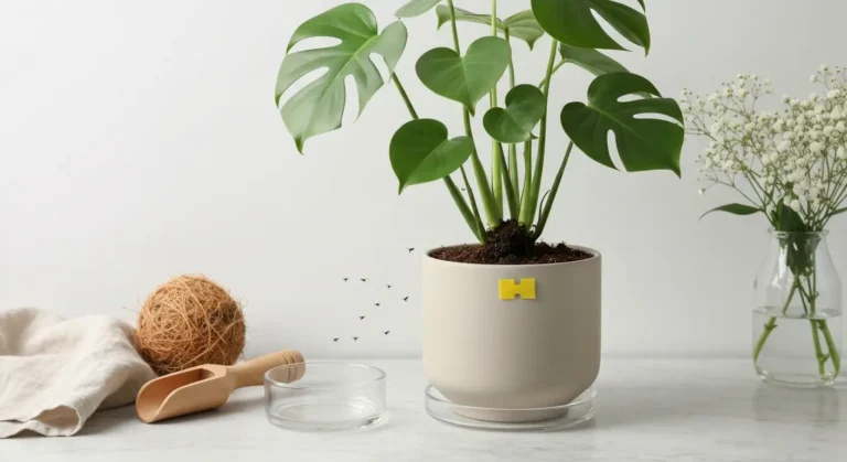 Monstera w ceramicznej doniczce z wilgotną ziemią, żółtą tablicą lepową i drobnymi ziemiórkami