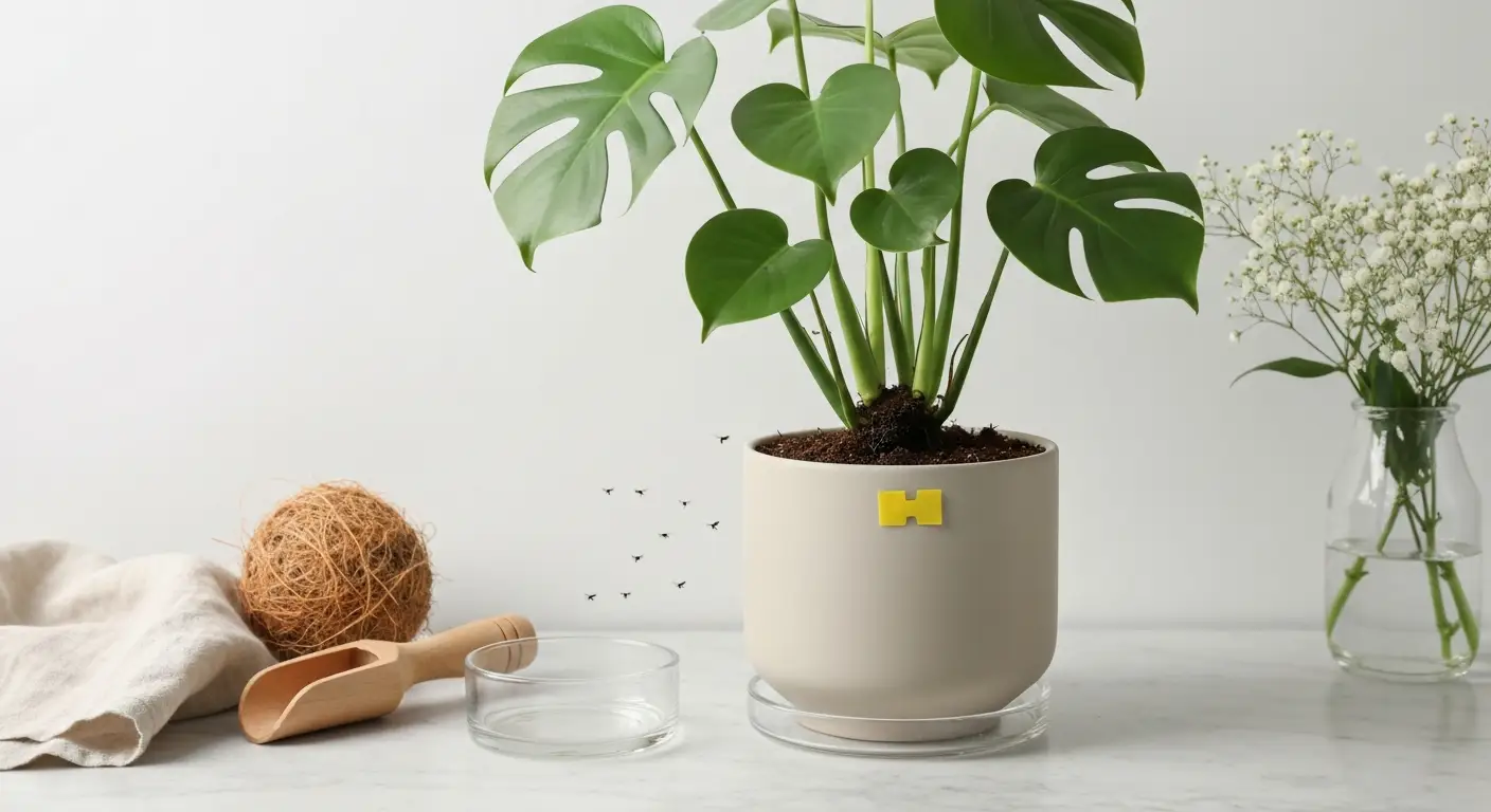 Monstera w ceramicznej doniczce z wilgotną ziemią, żółtą tablicą lepową i drobnymi ziemiórkami