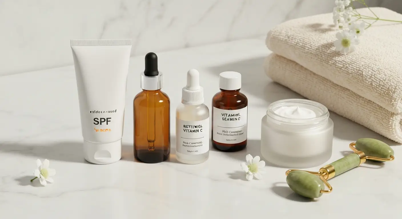 Kosmetyki przeciwzmarszczkowe - filtr SPF, serum z retinolem i krem na marmurowej toaletce
