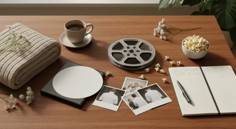 Filmowa aranżacja z rolką taśmy, herbatą, popcornem i pustym notesem do rodzinnej rozmowy