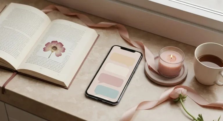 Smartfon z abstrakcyjnym czatem na marmurowej toaletce obok kawy, książki i kwiatów