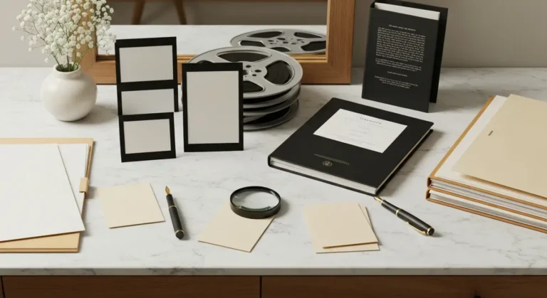 Reel filmowy, archiwalne teczki i lupa na eleganckim marmurowym blacie