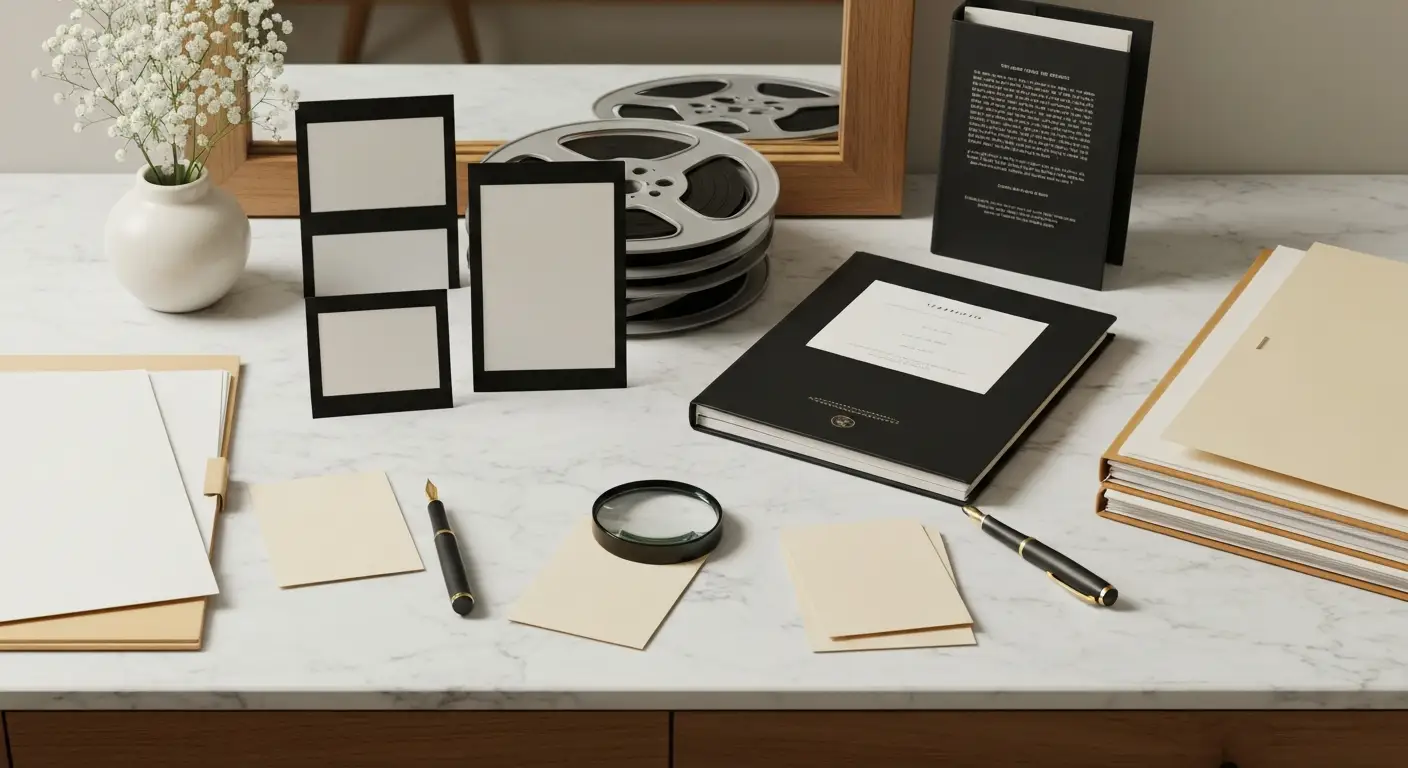 Reel filmowy, archiwalne teczki i lupa na eleganckim marmurowym blacie