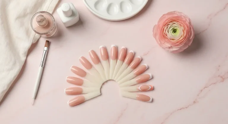 Próbki french manicure z nude bazą, białą linią uśmiechu i cienkim micro french