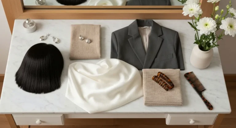 Elegancki flat-lay z tkaninami, akcesoriami do włosów i biżuterią pokazujący spójny styl