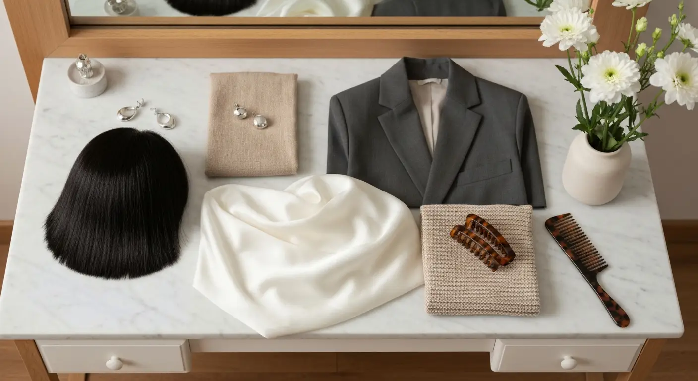 Elegancki flat-lay z tkaninami, akcesoriami do włosów i biżuterią pokazujący spójny styl
