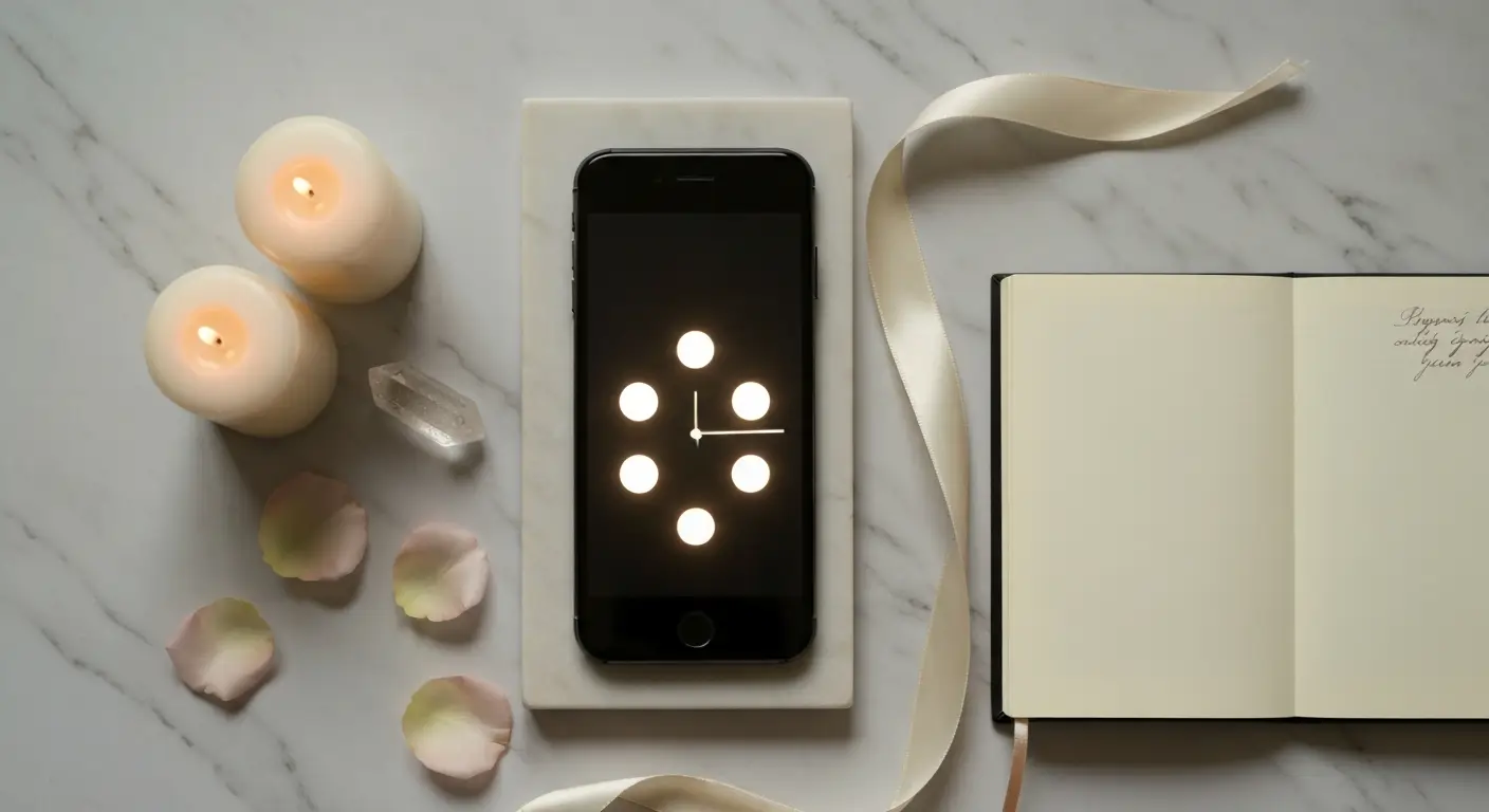 Smartfon, świece, kryształ i różane płatki w symetrycznej kompozycji symbolizującej godzinę lustrzaną 02:02