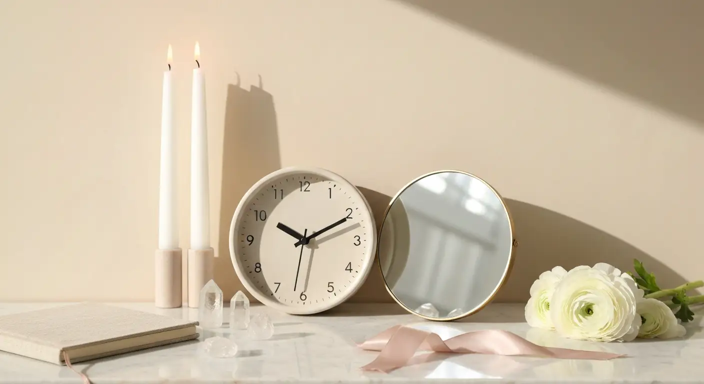 Minimalistyczny zegar ustawiony na 10:10 obok kryształów, świec i lusterka na marmurowej toaletce