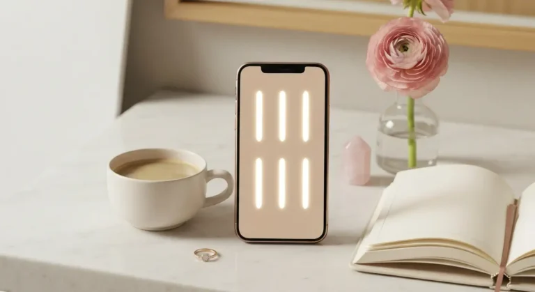 Smartfon z czterema symetrycznymi świetlnymi kreskami na marmurowej toaletce z kawą, notesem i kryształem