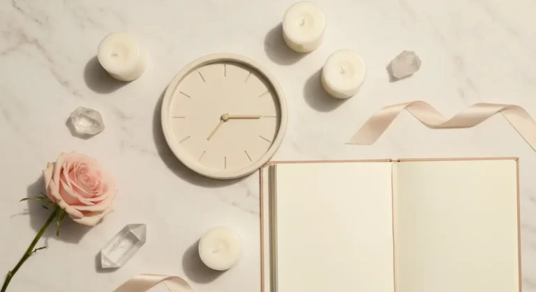 Ceramiczny zegar, świece, kryształ i róża w aranżacji inspirowanej odwróconą godziną 14:41