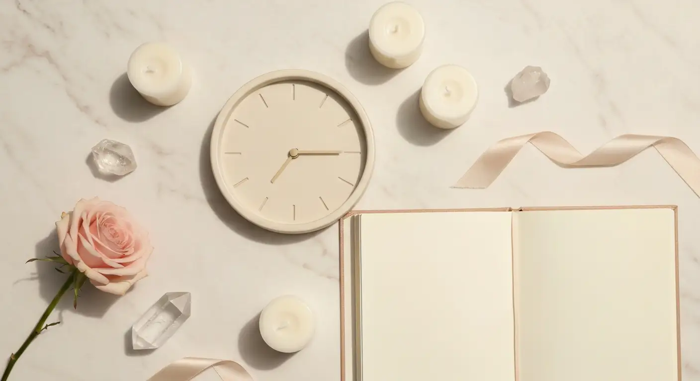 Ceramiczny zegar, świece, kryształ i róża w aranżacji inspirowanej odwróconą godziną 14:41