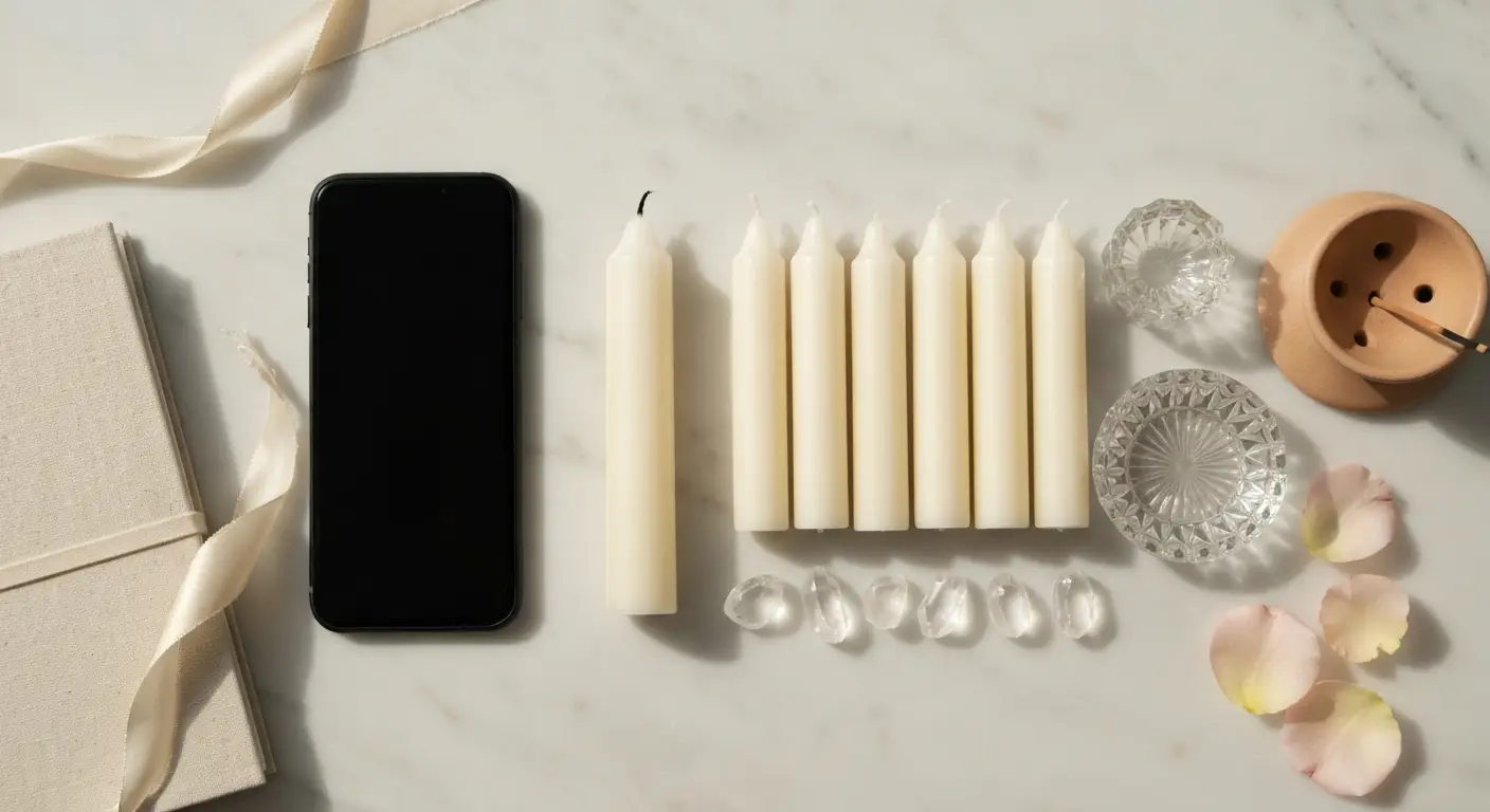 Smartfon, świece i kryształy ułożone na marmurowej toaletce w symbolicznej kompozycji 14:44