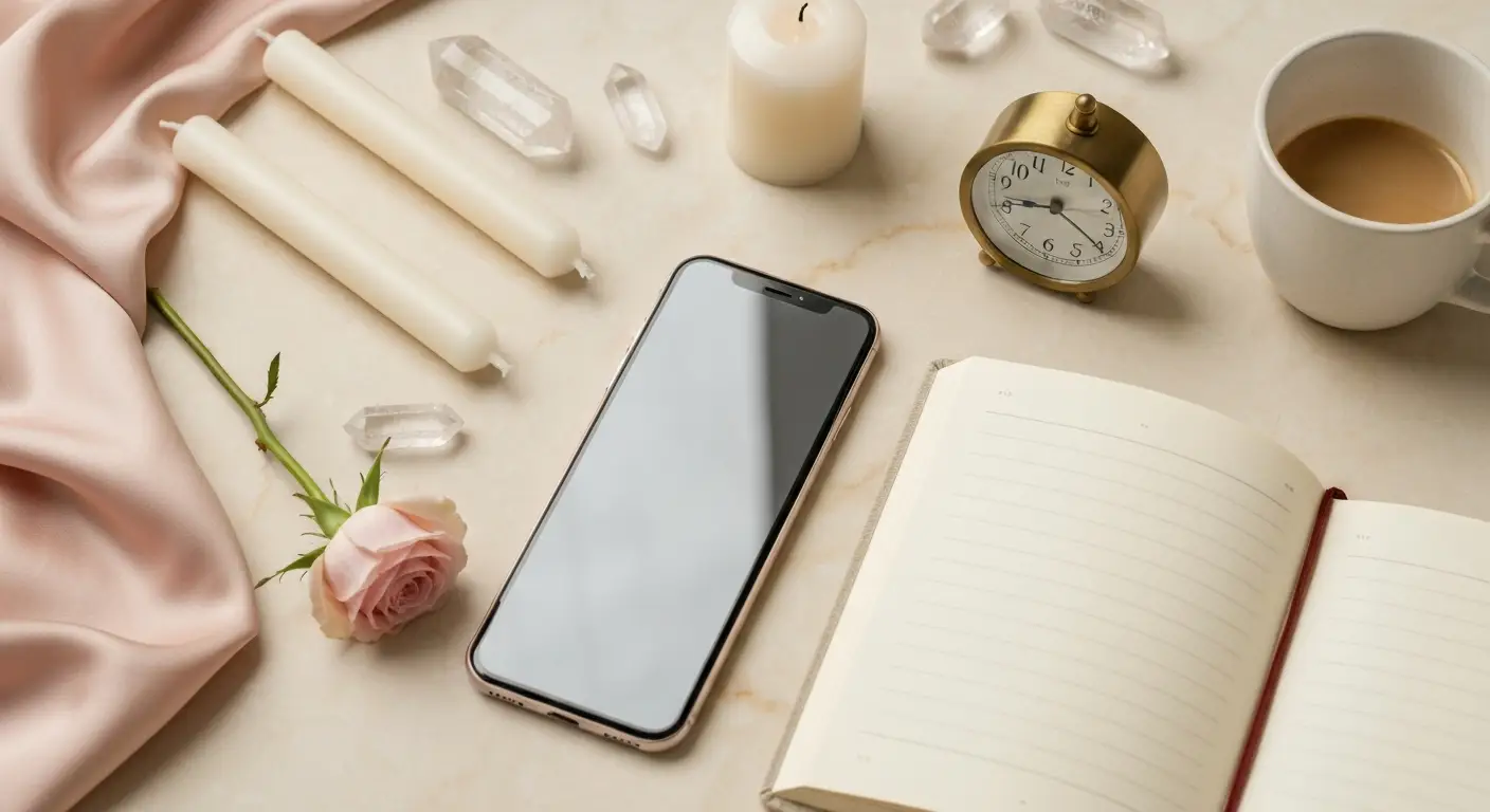 Smartfon, zegar, świece i kryształy na marmurowej toaletce jako symbol godziny lustrzanej 15:15