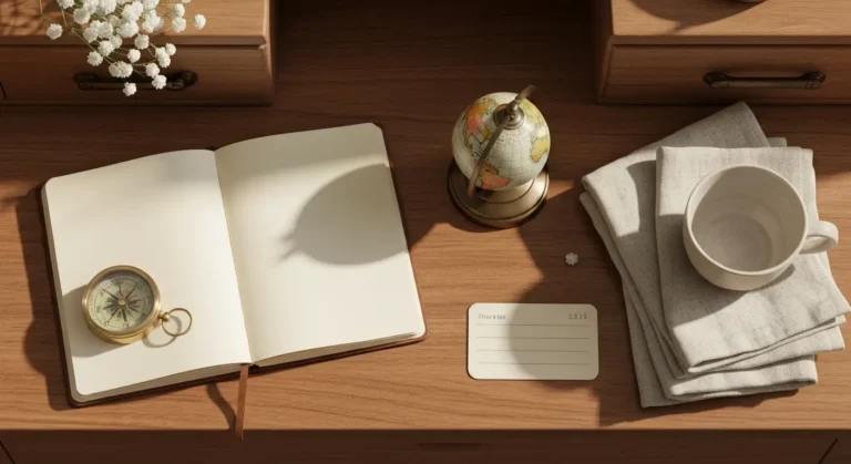 Elegancki flat-lay z dziennikiem podróżnym, globusem, kompasem i książką