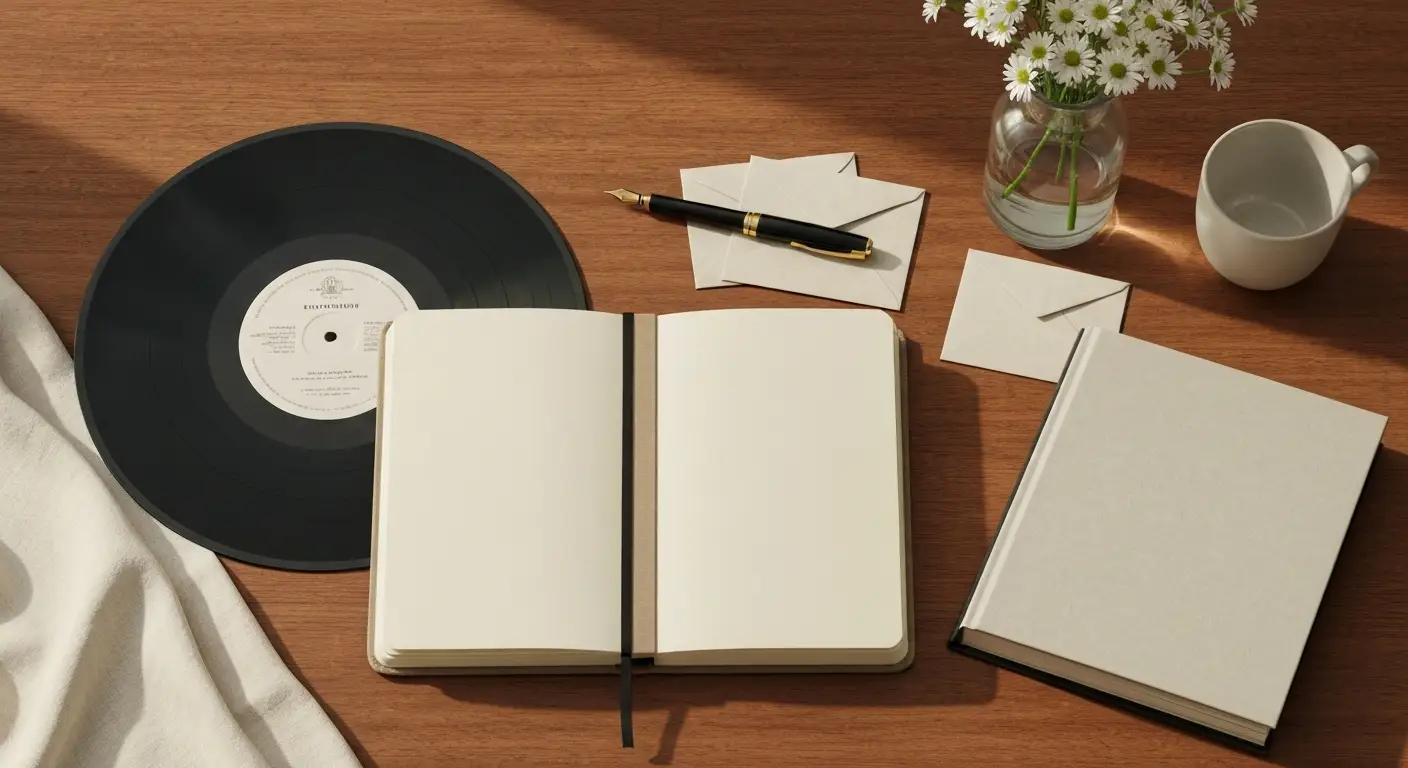 Winyl, zamknięty notes poetycki i album rodzinny na drewnianym biurku