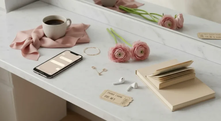 Smartfon z pustym czatem, kawa, książka i kwiaty na marmurowej toaletce