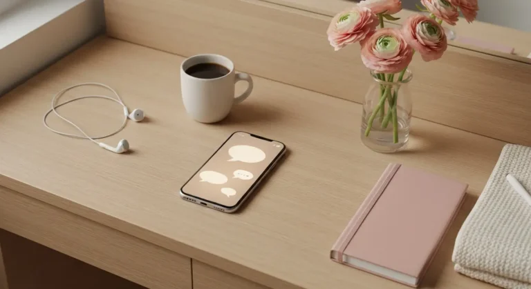 Smartfon z pustym czatem, kawa, słuchawki i różowy notes na drewnianym stoliku