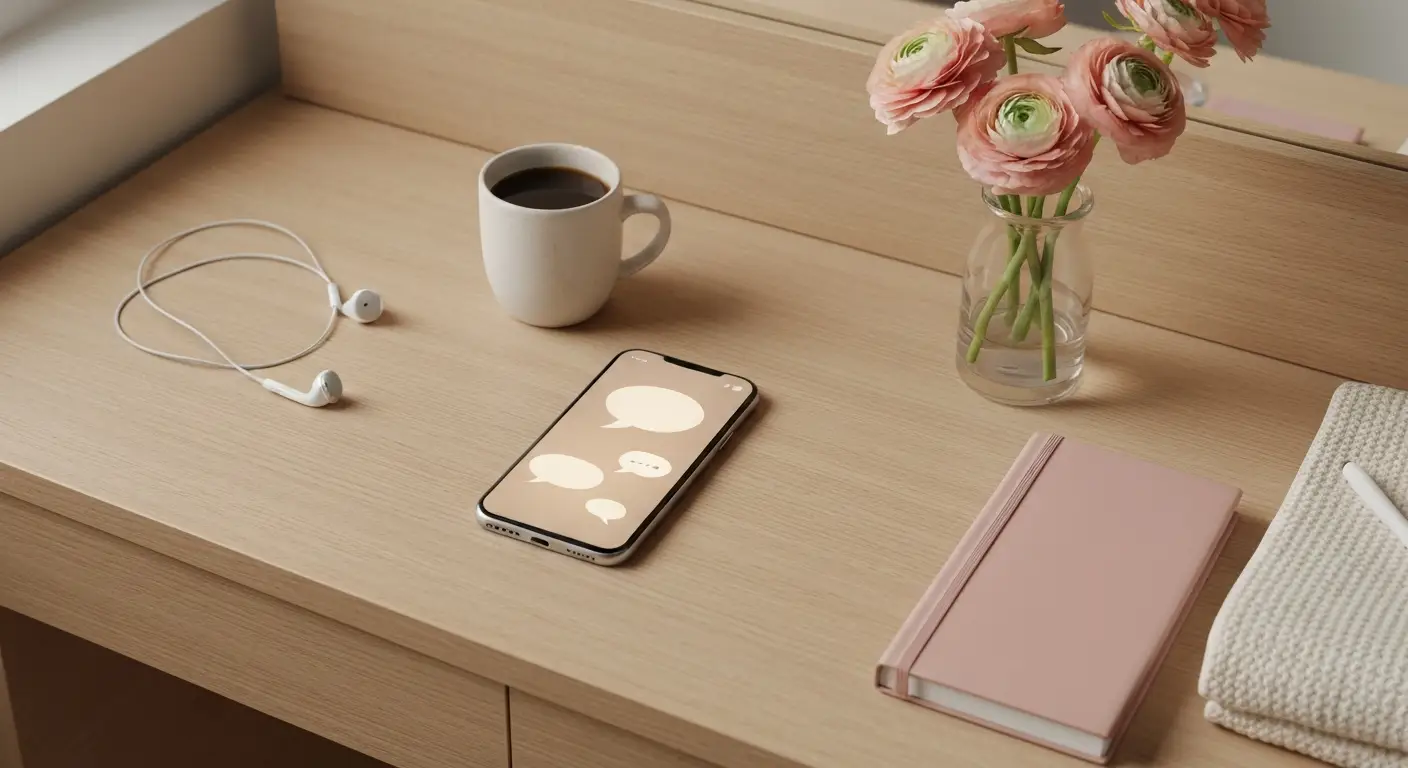 Smartfon z pustym czatem, kawa, słuchawki i różowy notes na drewnianym stoliku