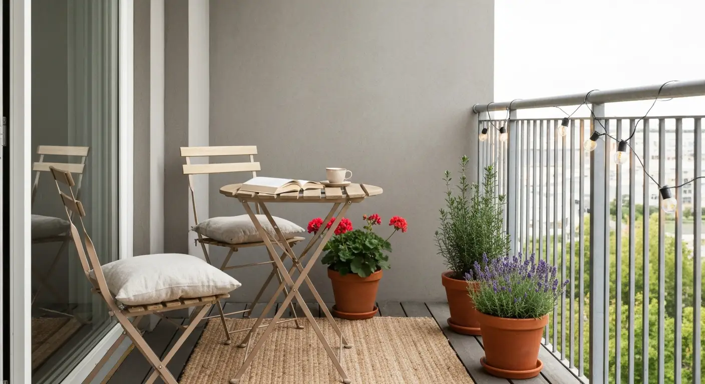 Mały balkon ze składanym stolikiem, krzesłami, donicami z pelargoniami i delikatnym oświetleniem