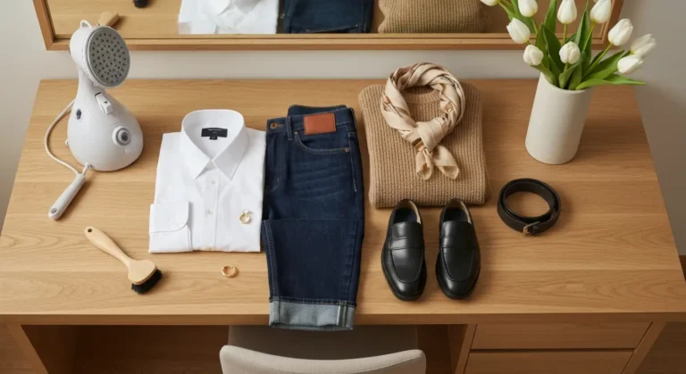 Schludny zestaw na co dzień z koszulą, jeansami, loafersami i eleganckimi dodatkami