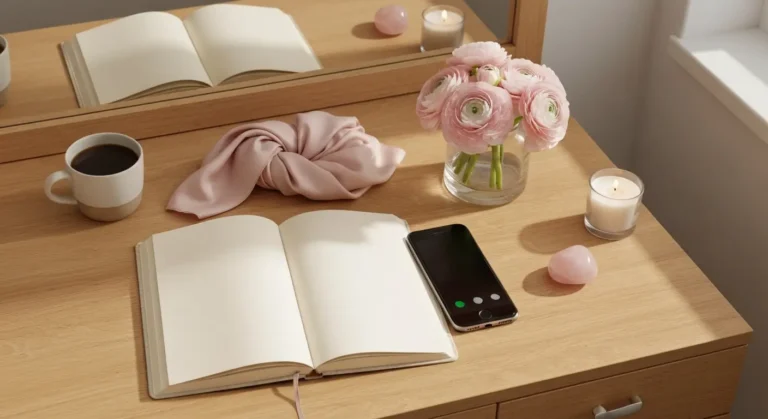 Dziennik, kawa i odłożony ekranem w dół telefon na stoliku po rozstaniu