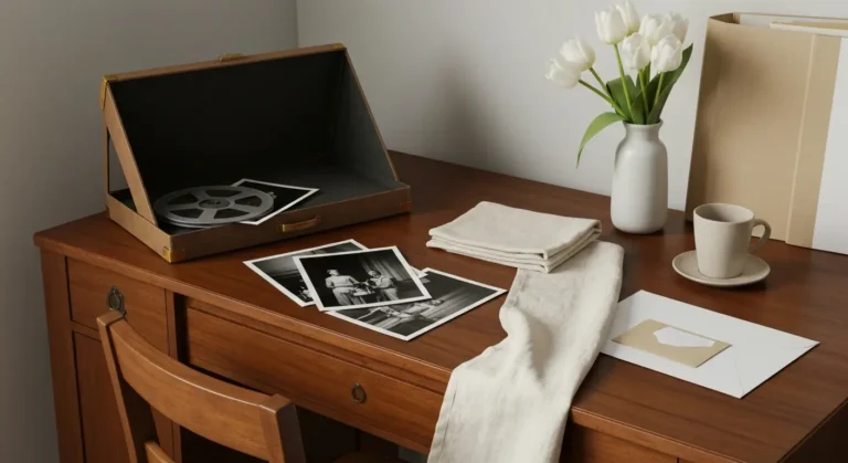 Eleganckie biurko z archiwalnymi materiałami filmowymi, tulipanami i zamkniętą kopertą