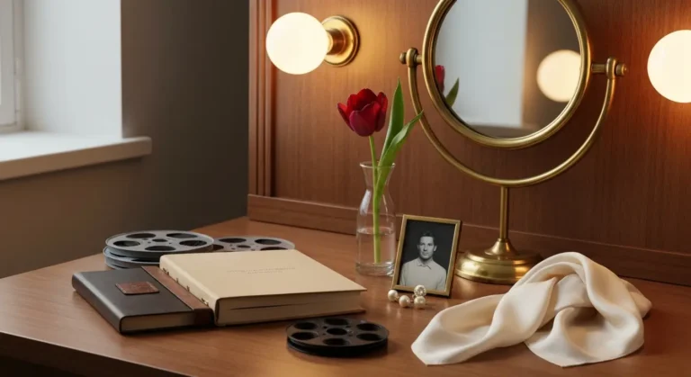 Elegancka toaletka teatralna z taśmą filmową, tulipanem i odwróconym zdjęciem