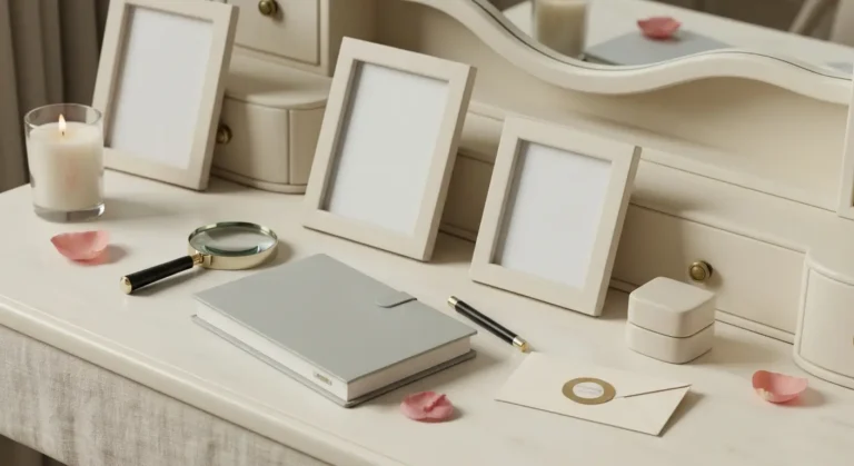 Elegancka toaletka z notesem, lupą, kopertą i pudełkiem na biżuterię symbolizująca dyskrecję