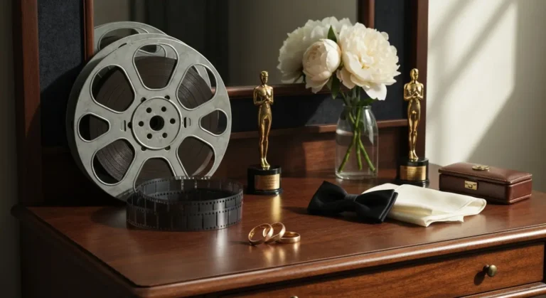 Stara taśma filmowa, dwie złote statuetki i trzy obrączki na drewnianym stoliku