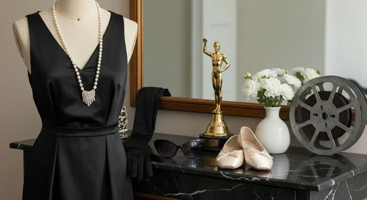 Czarna suknia, perły, baletki i akcesoria w stylu Audrey Hepburn na marmurowej toaletce