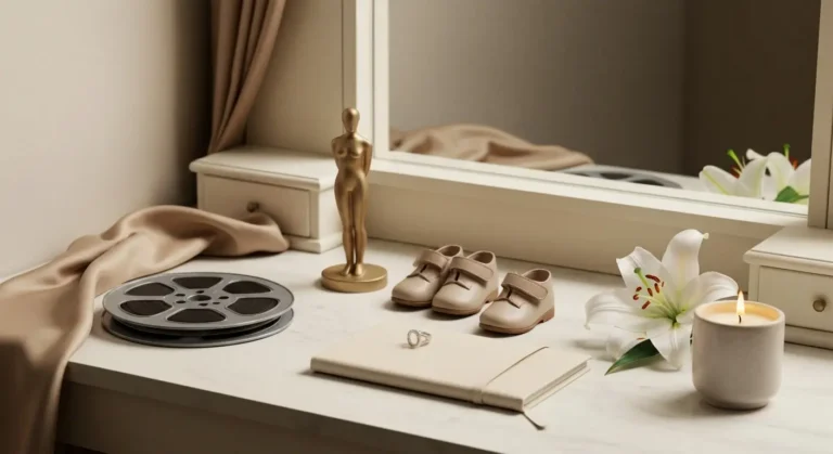 Elegancka martwa natura z filmową szpulą, dziecięcymi butami, pierścionkiem i białymi liliami