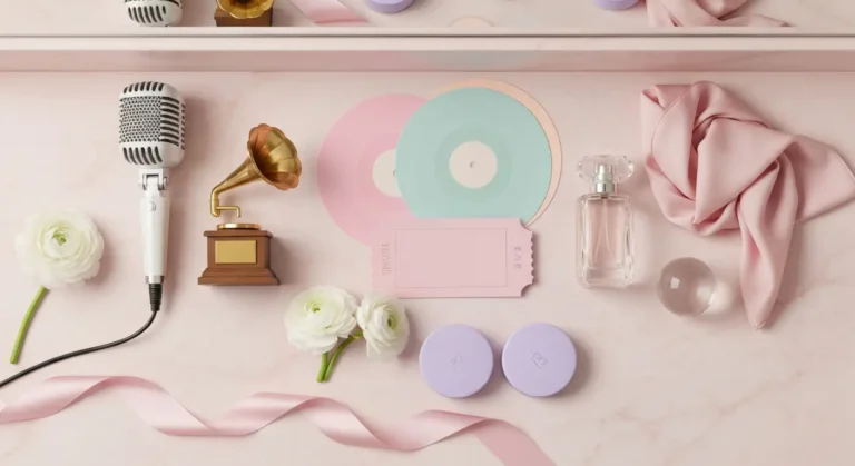 Różowy flat lay z mikrofonem, nagrodą muzyczną, kosmetykami i teatralnymi akcentami