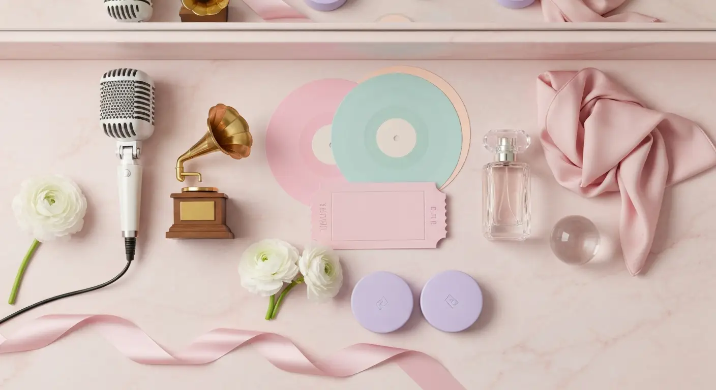 Różowy flat lay z mikrofonem, nagrodą muzyczną, kosmetykami i teatralnymi akcentami