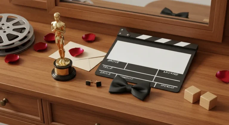 Filmowe rekwizyty, złota statuetka i eleganckie dodatki na drewnianym stoliku