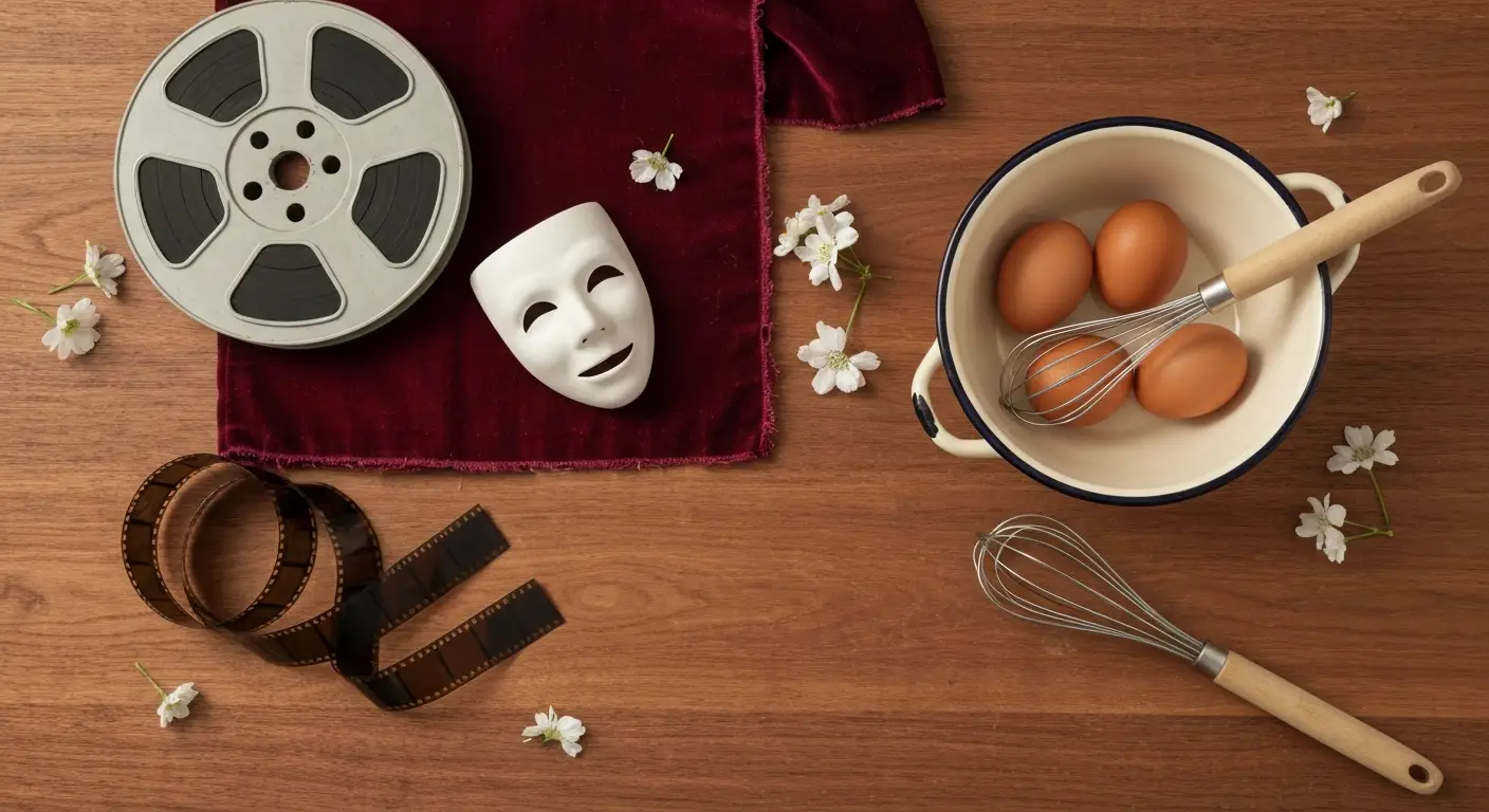 Taśma filmowa, teatralna maska i akcesoria do kogel-mogel na drewnianym stole
