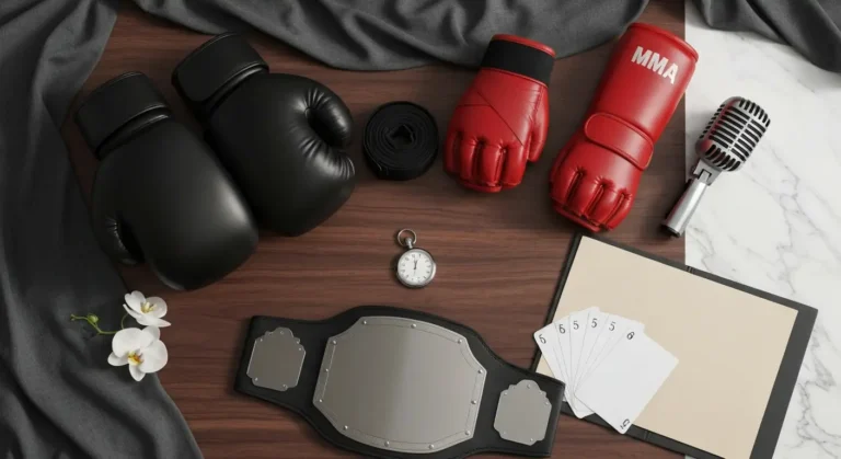Rękawice bokserskie i MMA oraz sprzęt do sportów walki na marmurowym blacie